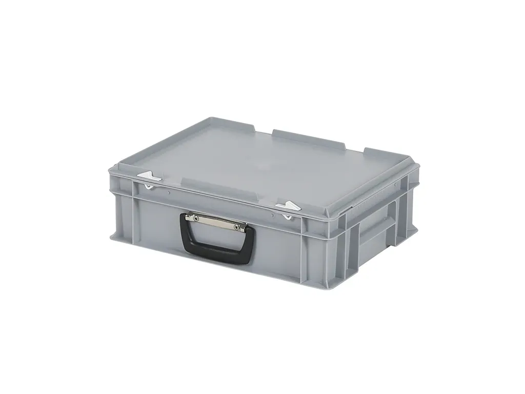 Valise - 400 x 300 x H 133 mm - Gris - bac gerbable avec couvercle et poignée (fond lisse)