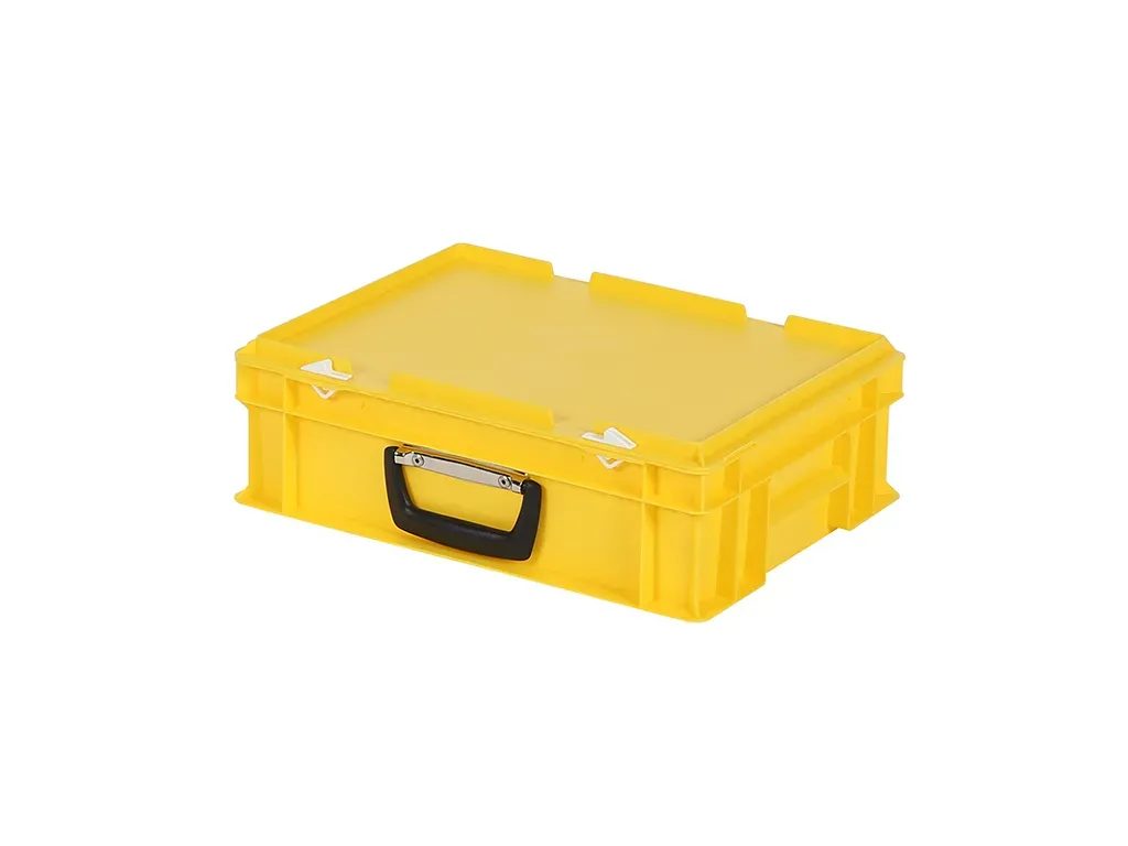 Valise - 400 x 300 x H 133 mm - Jaune - bac gerbable avec couvercle et poignée (fond lisse)