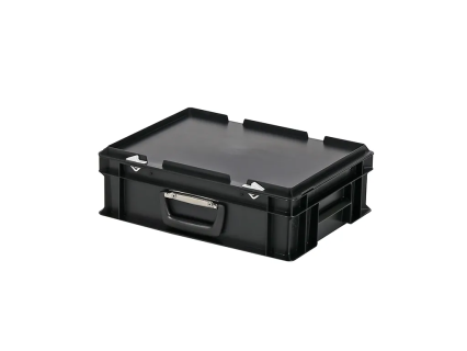 Valise - 400 x 300 x H 133 mm - Noir - bac gerbable avec couvercle et poignée (fond lisse)