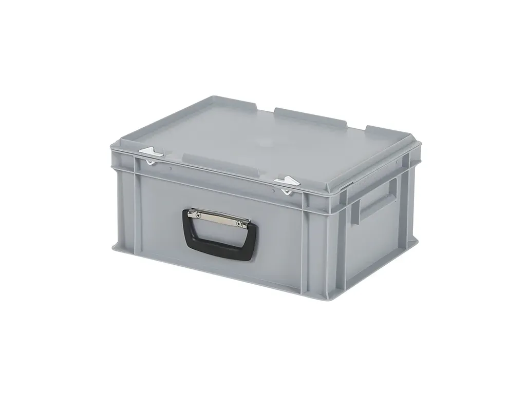 Valise - 400 x 300 x H 190 mm - Gris - bac gerbable avec couvercle et poignée (fond lisse)