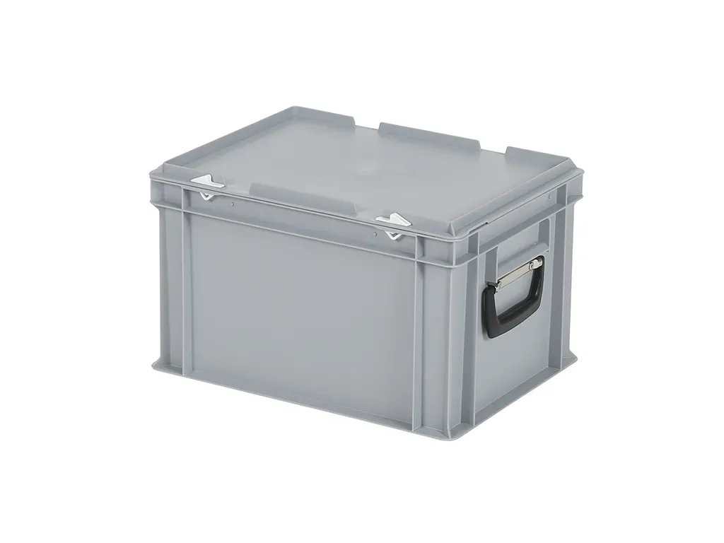 Valise - 400 x 300 x H 250 mm - Gris - bac gerbable avec couvercle et poignée (fond lisse)