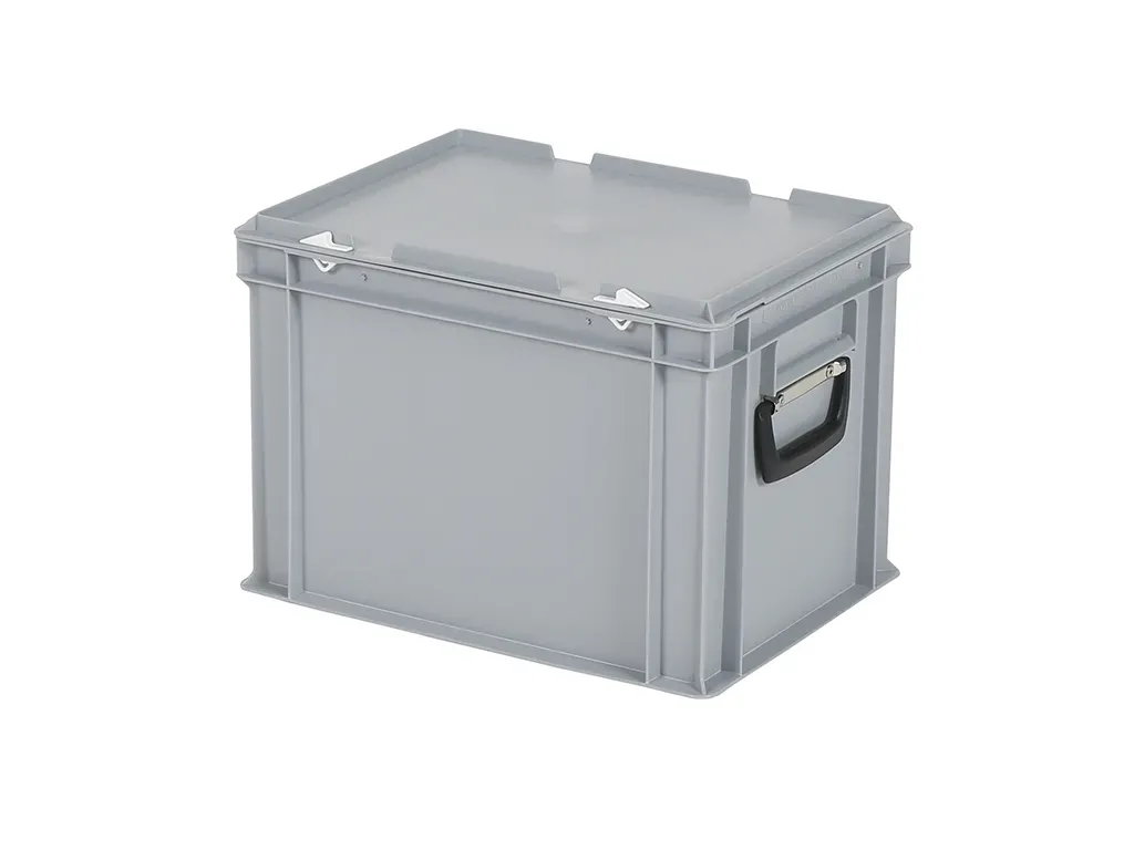 Valise - 400 x 300 x H 295 mm - Gris - bac gerbable avec couvercle et poignée (fond renforcé)