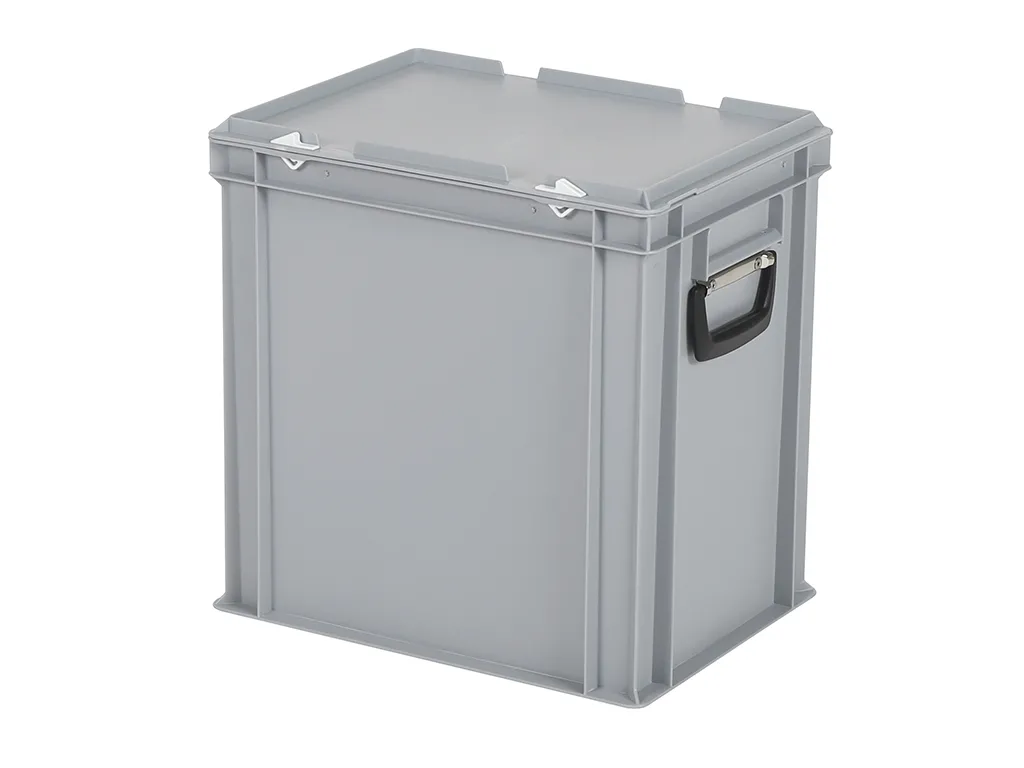 Valise - 400 x 300 x H 415 mm - Gris - bac gerbable avec couvercle et poignée (fond renforcé)