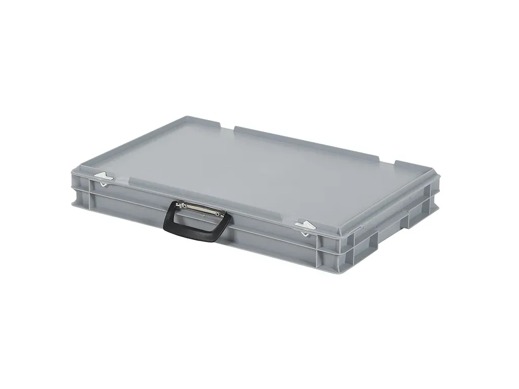 Valise - 600 x 400 x H 90 mm - Gris - bac gerbable avec couvercle et poignée (fond lisse)