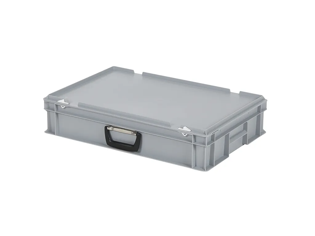 Valise - 600 x 400 x H 133 mm - Gris - bac gerbable avec couvercle et poignée (fond lisse)