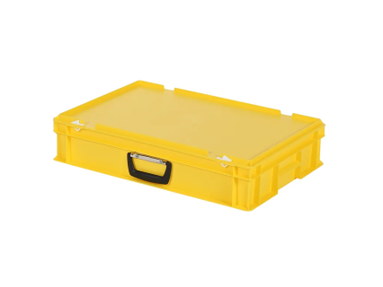 Valise - 600 x 400 x H 135 mm - Jaune - bac gerbable avec couvercle et poignée (fond lisse)