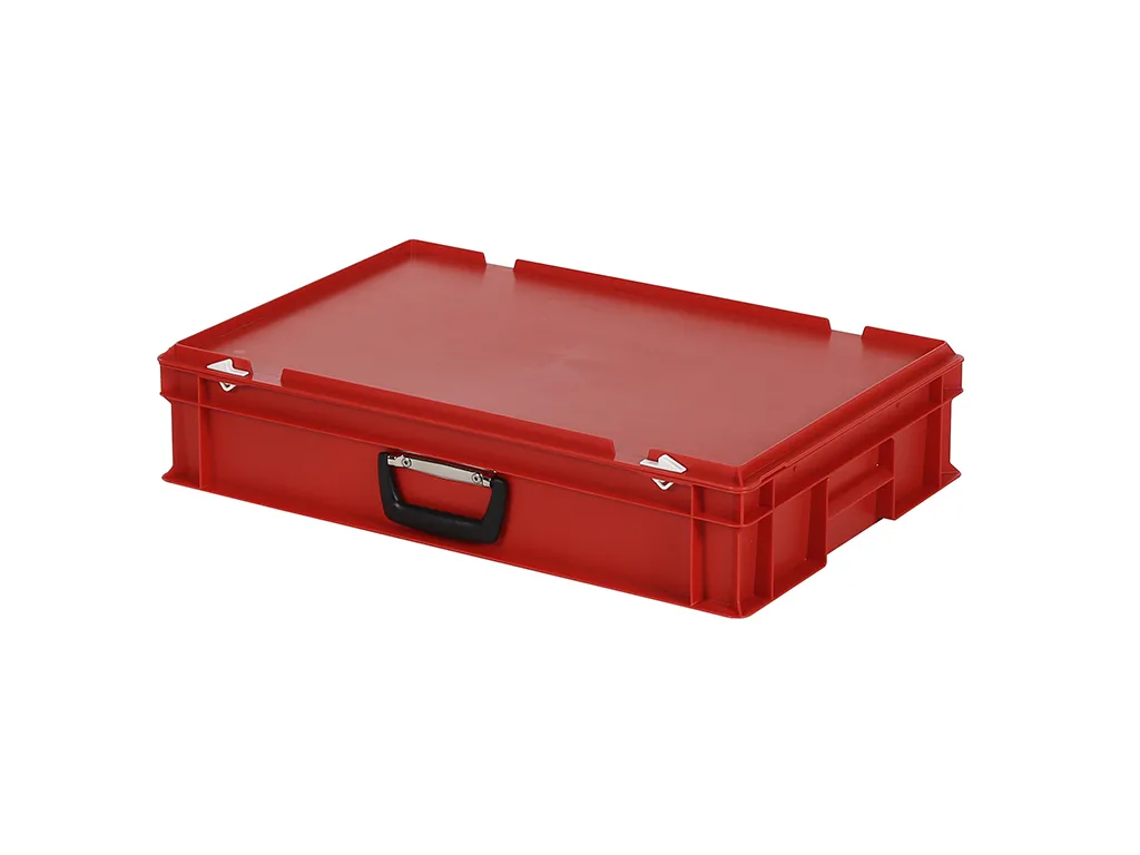 Valise - 600 x 400 x H 135 mm - Rouge - bac gerbable avec couvercle et poignée (fond lisse)