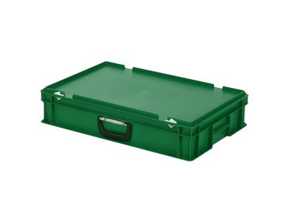 Valise - 600 x 400 x H 135 mm - Vert - bac gerbable avec couvercle et poignée (fond lisse)