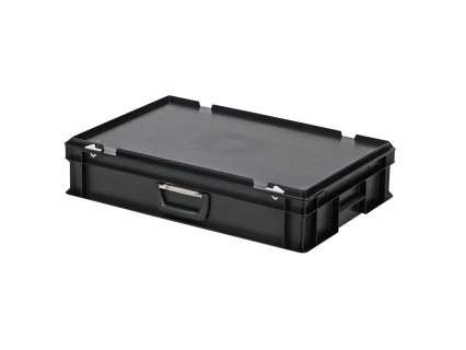 Valise - 600 x 400 x H 135 mm - Noir - bac gerbable avec couvercle et poignée (fond lisse)