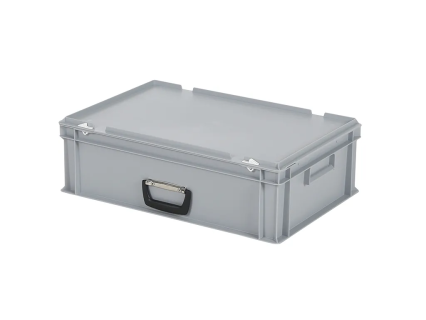 Valise - 600 x 400 x H 190 mm - Gris - bac gerbable avec couvercle et poignée (fond lisse)