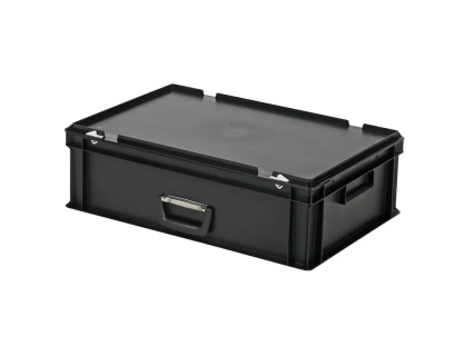 Valise - 600 x 400 x H 190 mm - Noir - bac gerbable avec couvercle et poignée (fond lisse)