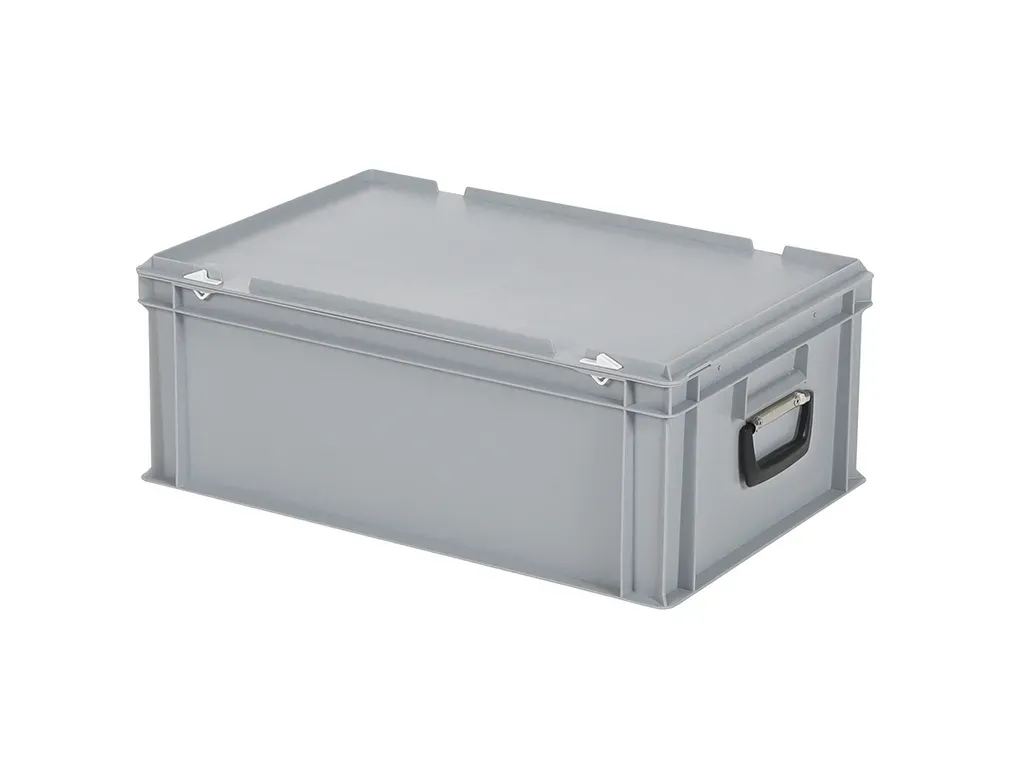 Valise - 600 x 400 x H 235 mm - Gris - bac gerbable avec couvercle et poignée (fond lisse)