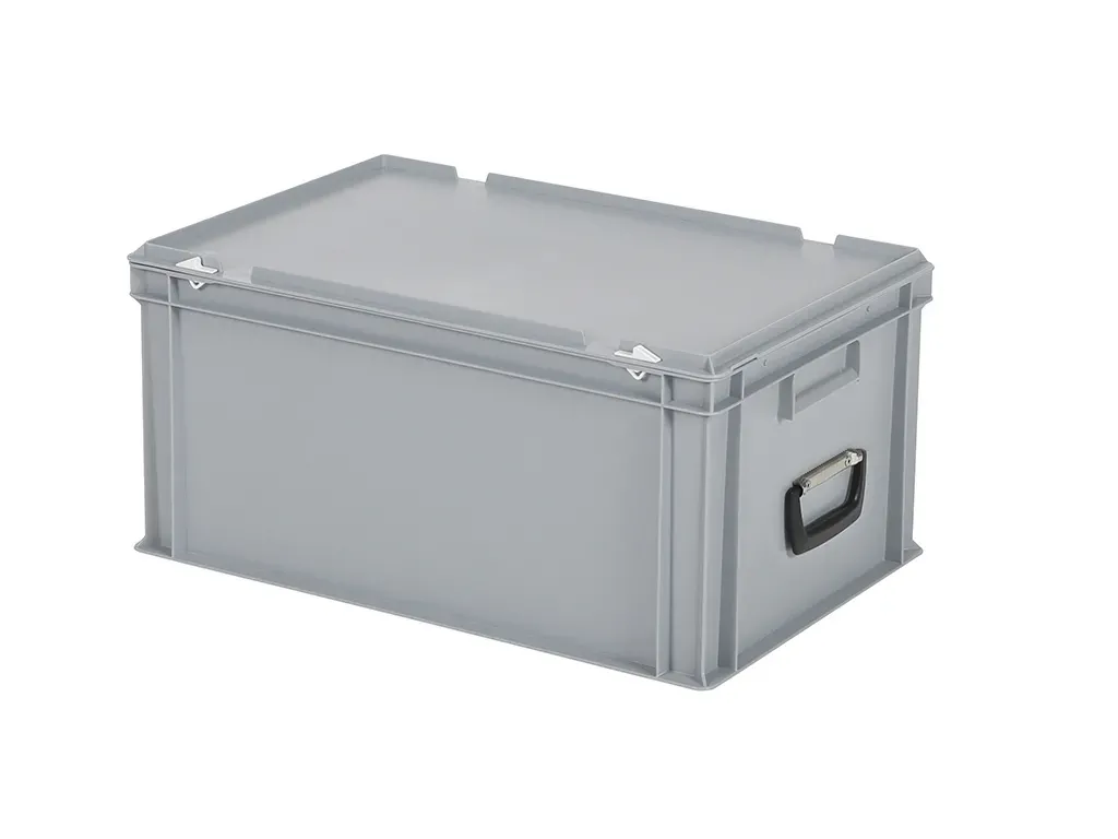 Valise - 600 x 400 x H 295 mm - Gris - bac gerbable avec couvercle et poignée (fond renforcé)