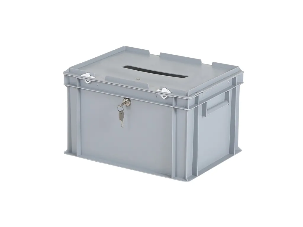 Wahlurne | Transportbox mit Einwurfschlitz und Schloss - 400 x 300 x H 250 mm - grau | Einzelschließendes Schloss