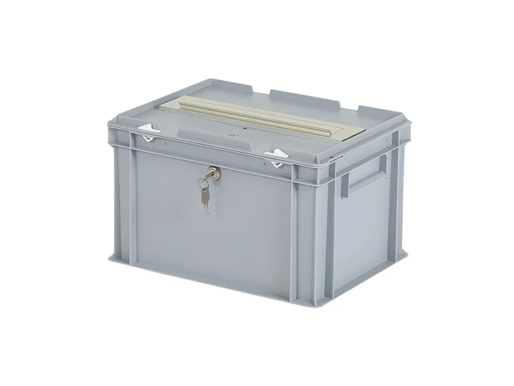 Wahlurne | Transportbox mit Briefkastenklappe und Schloss - 400 x 300 x H 250 mm - grau | Einzelschließendes Schloss 