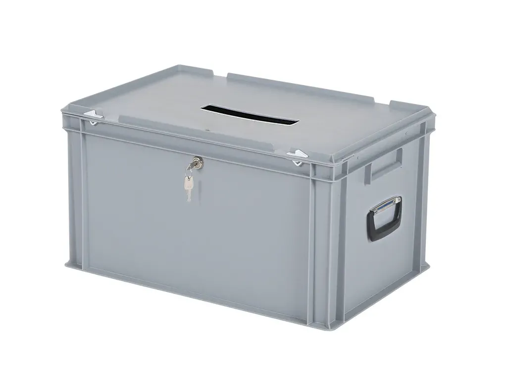 Wahlurne | Transportbox mit Einwurfschlitz und Schloss - 600 x 400 x H 335 mm - grau | Gleichschließendes Zylinderschloss 