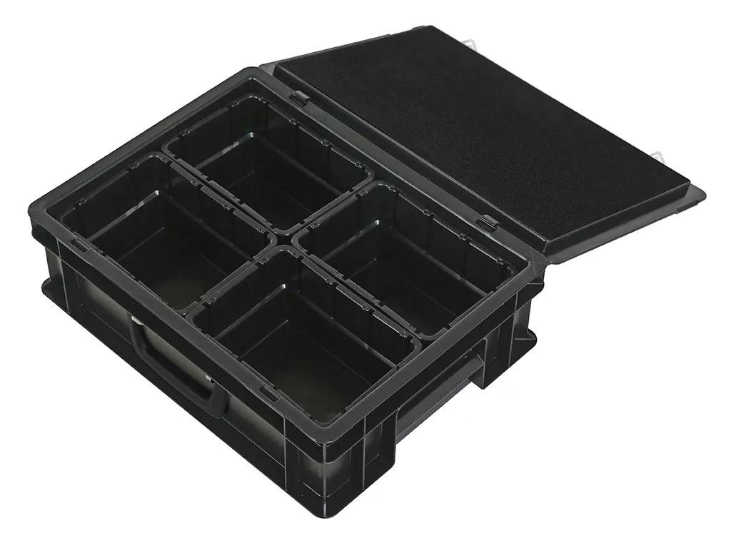 Valise avec bacs d'insertion - 400 x 300 x H 133 mm - noir | 4 x bac d'insertion 1/4