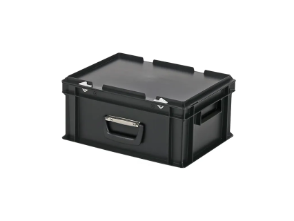 Plastic case - 400 x 300 x H 190 mm - Black - Stacking bin with lid and case handle