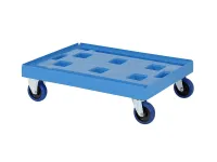 Verrijdbaar kunststof onderstel - 800 x 600 mm - blauw - gegalvaniseerde gaffels - nylon / rubber wielen