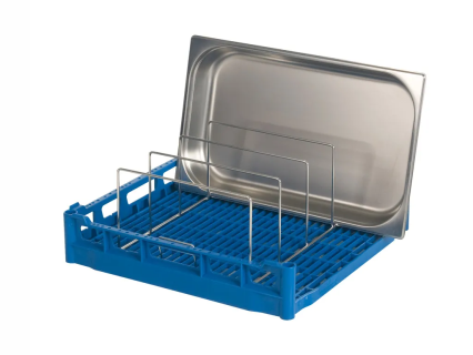 Panier avec casier de supports inox pour 4 plats de service (max. 75 mm d'épaisseur) ; le panier est ouvert d'un seul côté.