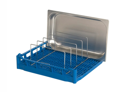 Panier avec casier de supports inox pour 5 plats de service (max. 50 mm d'épaisseur) ; le panier est ouvert d'un seul côté