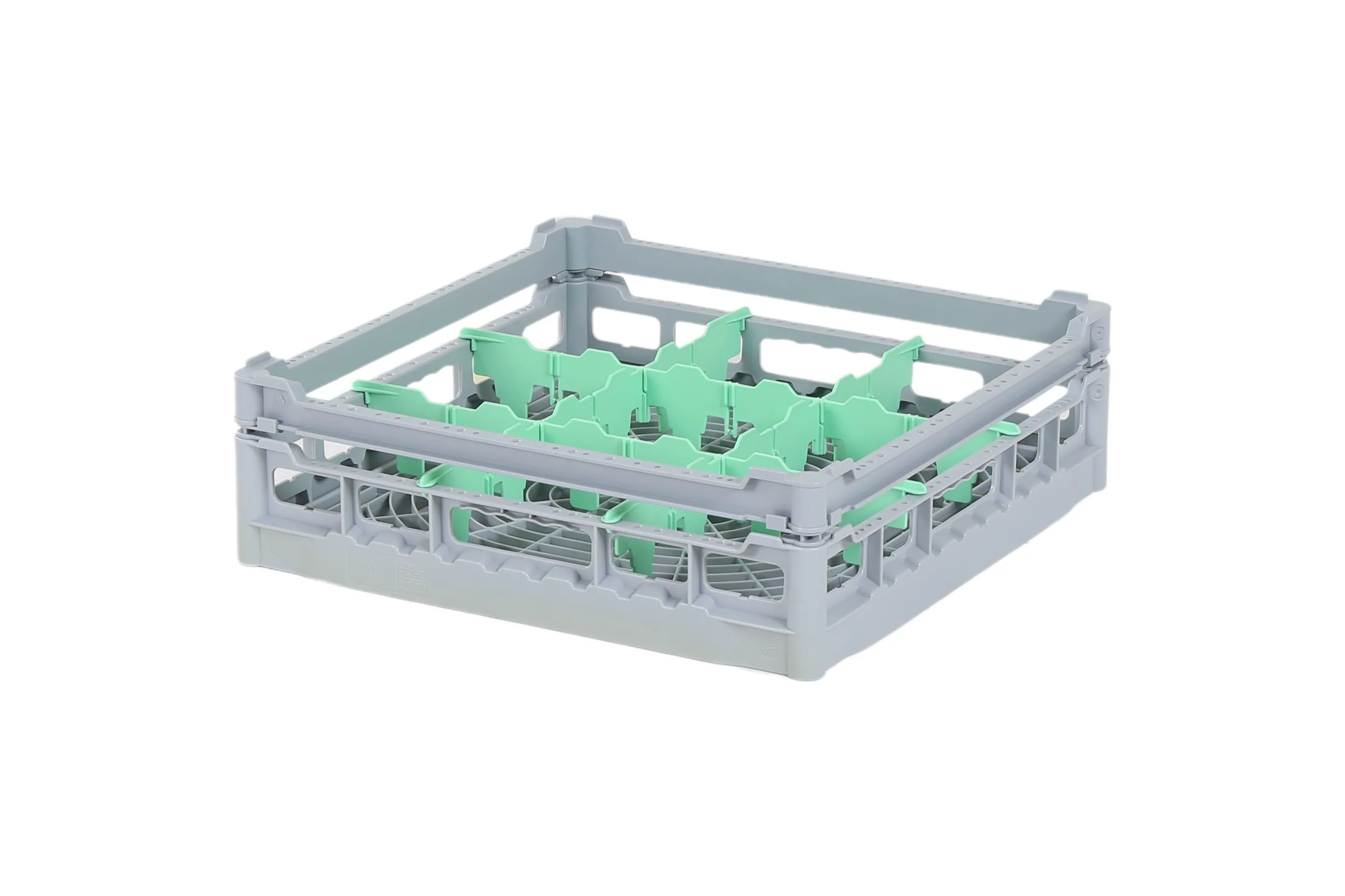 Glass basket 500x500mm - maximum glass height 110 mm - with green 3x3 compartment division - maximum glass diameter 149mm.