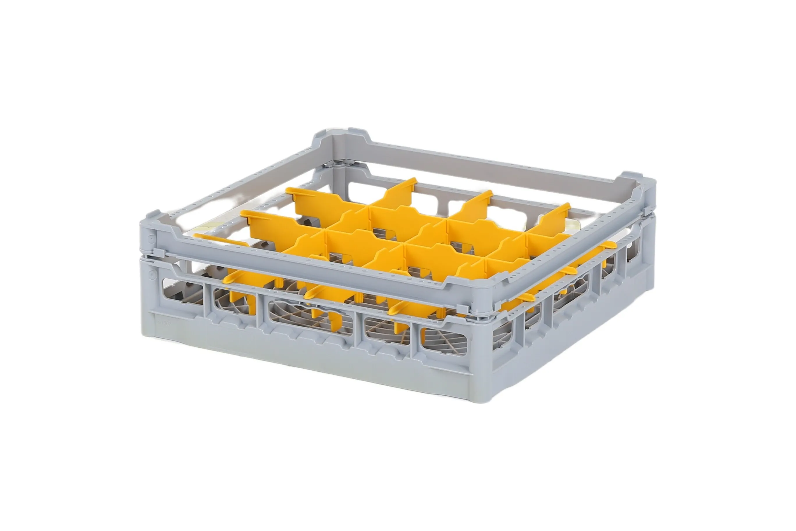 Glass basket 500x500mm - maximum glass height 110 mm - with yellow 4x4 compartment division - maximum glass diameter 113mm.