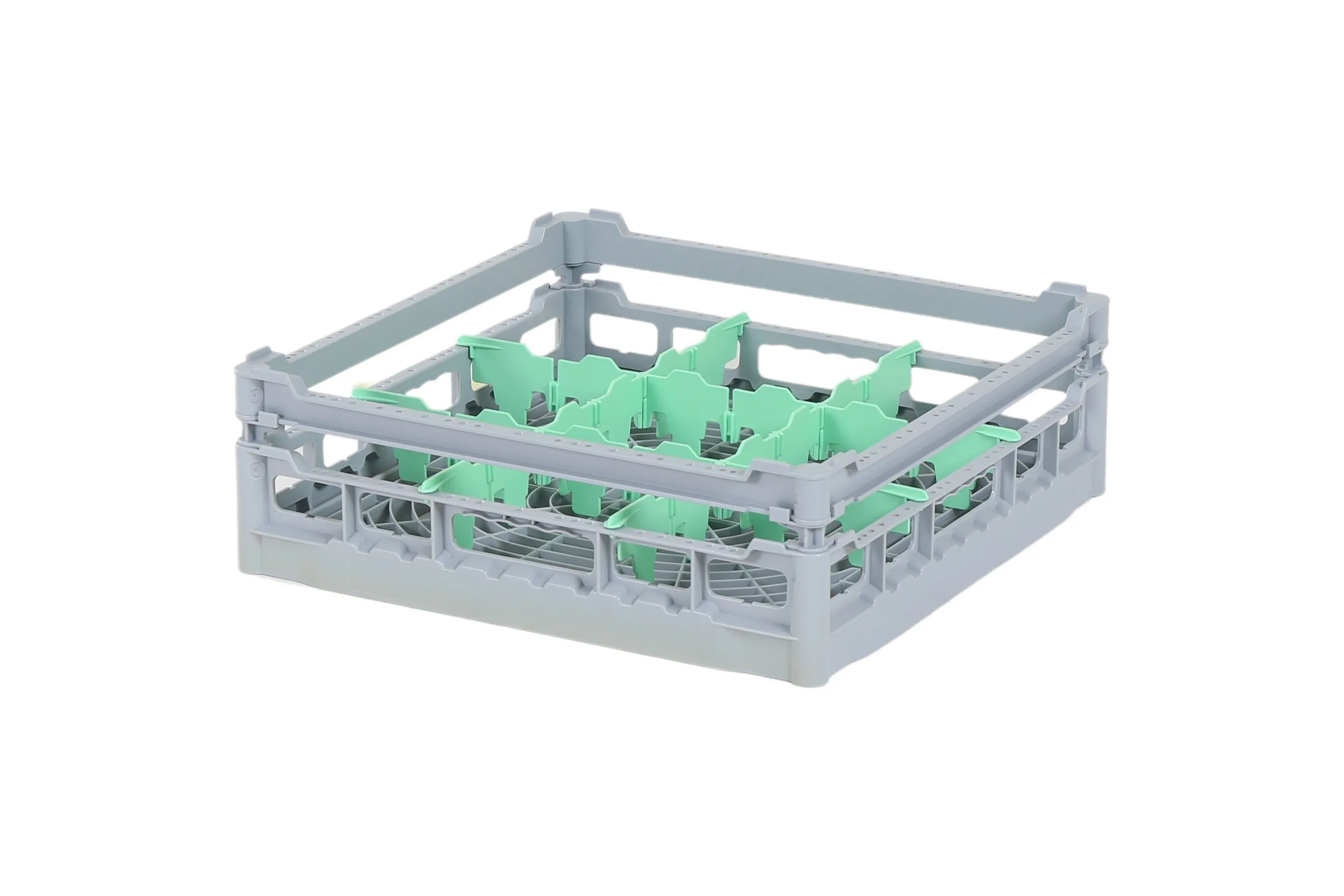 Glass basket 500x500mm - maximum glass height 120 mm - with green 3x3 compartment division - maximum glass diameter 149mm.