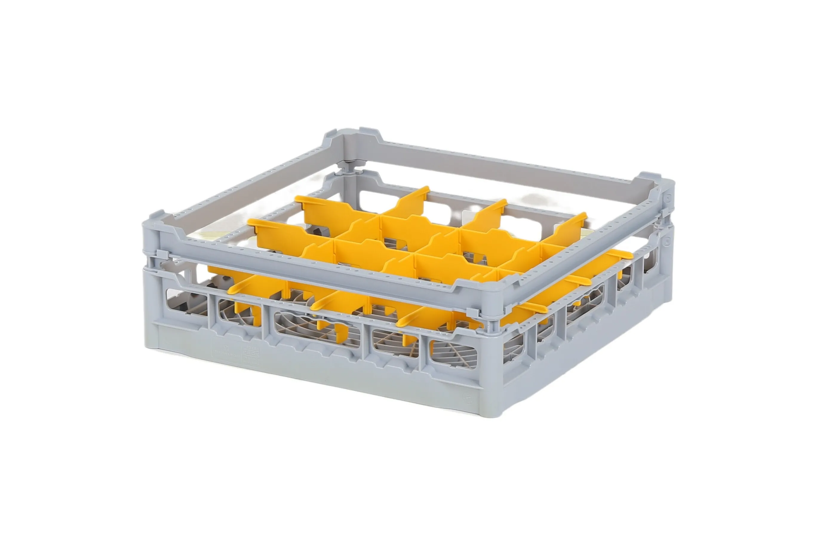 Glass basket 500x500mm - maximum glass height 120 mm - with yellow 4x4 compartment division - maximum glass diameter 113mm.