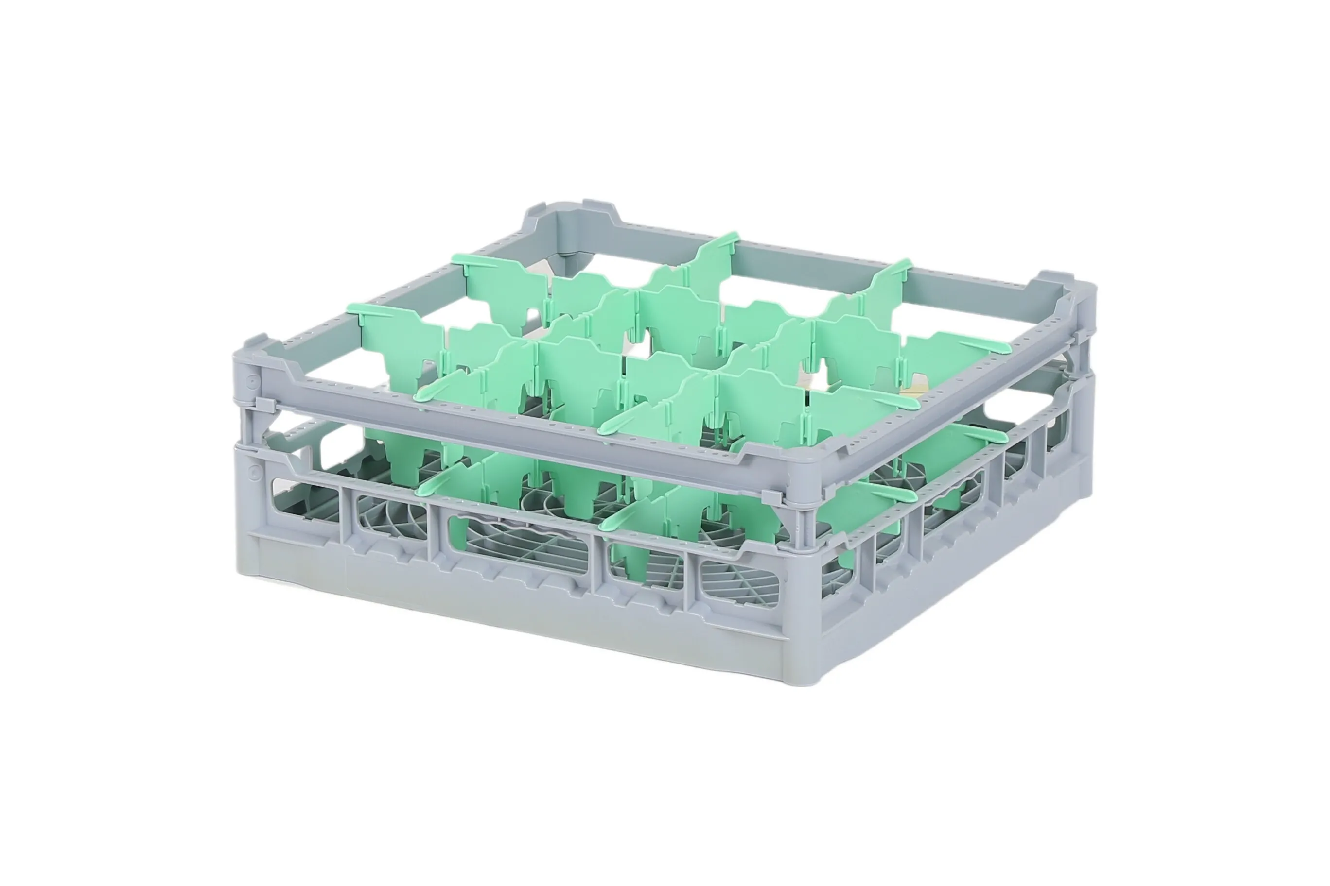 Glass basket 500x500mm - maximum glass height 135 mm - with green 3x3 compartment division - maximum glass diameter 149mm.