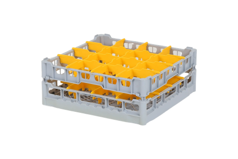 Glass basket 500x500mm - maximum glass height 180 mm - with yellow 4x4 compartment division - maximum glass diameter 113mm.