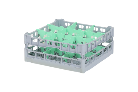 Glass basket 500x500mm - maximum glass height 165 mm - with green 3x3 compartment division - maximum glass diameter 149mm.