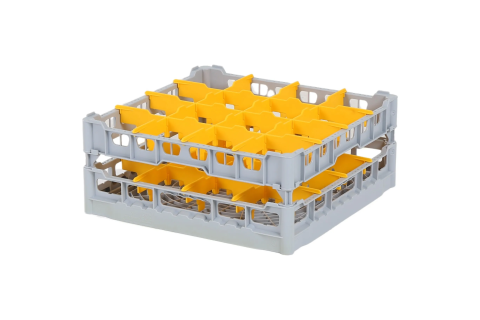 Glass basket 500x500mm - maximum glass height 165 mm - with yellow 4x4 compartment division - maximum glass diameter 113mm.