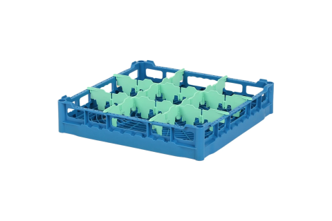 Glazenkorf 500x500mm blauw – glashoogte max. 73 mm – met groene 3 x 3 vakverdeling – maximale Ø glas 149mm