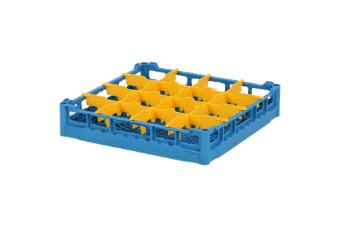 Glass basket 500x500mm blue - maximum glass height 73 mm - with yellow 4x4 compartmentalization - maximum glass diameter 113mm