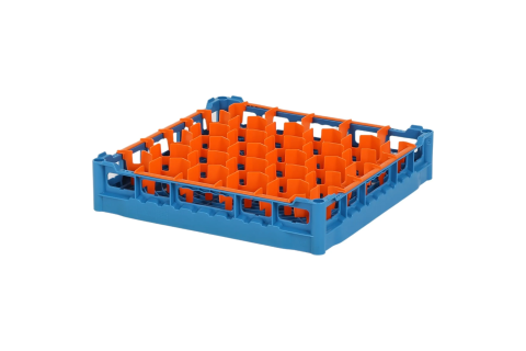 Glazenkorf 500x500mm blauw - glashoogte max. 73 mm - met oranje 30-vaks vakverdeling - maximale Ø glas 81mm