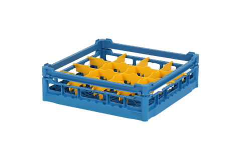 Glass basket 500x500mm blue - maximum glass height 110 mm - with yellow 4x4 compartmentalization - maximum glass diameter 113mm