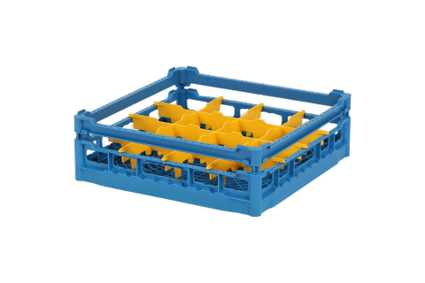 Glass basket 500x500mm blue - maximum glass height 120 mm - with yellow 4x4 compartmentalization - maximum glass diameter 113mm