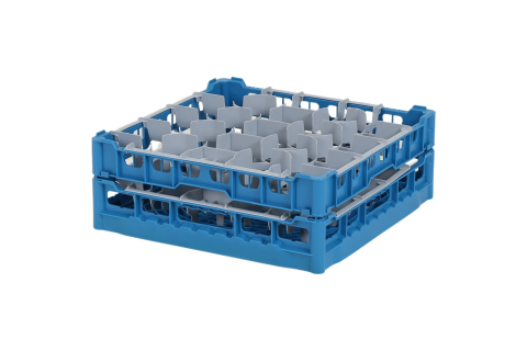 Glazenkorf 500x500mm blauw – glashoogte max. 140 mm – met grijze 20-vaks vakverdeling – maximale Ø glas 99mm