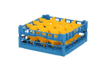 Gläserkorb 500x500mm blau - maximale Glashöhe 165 mm - mit gelber 4x4 Facheinteilung - maximaler Glasdurchmesser 113mm - 1