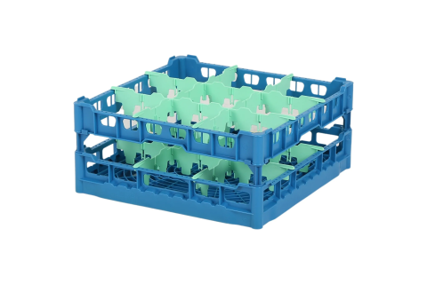 Gläserkorb 500x500mm blau – maximale Glashöhe 180 mm – mit grüner 3 x 3 Facheinteilung – maximales Ø Glas 149mm