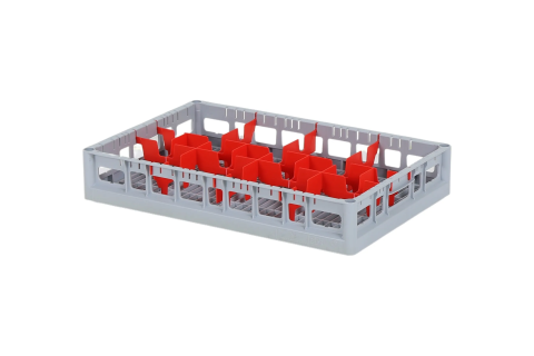 Clixrack Gläserkorb 600 x 400 mm grau - Glashöhe max. 72mm - mit roter 2 x 4 Facheinteilung - maximales Ø Glas 134mm 