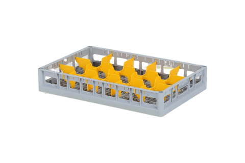 Clixrack Glass basket 600 x 400 mm gray - glass height max. 72mm - with yellow 3 x 5 compartment division - maximum Ø glass 110mm 