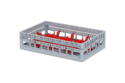 Clixrack Gläserkorb 600 x 400 mm grau - Glashöhe max. 115 mm - mit roter 2 x 4 Facheinteilung - maximales Ø Glas 134mm 