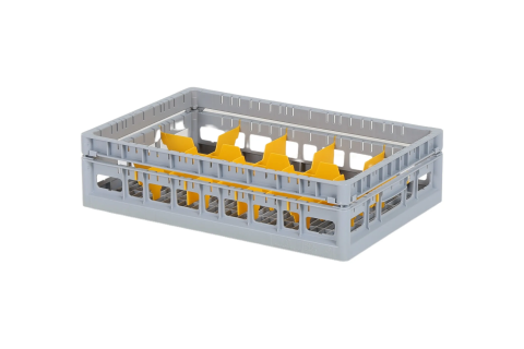 Clixrack Glass basket 600 x 400 mm gray - glass height max. 115 mm - with yellow 3 x 5 compartment division - maximum Ø glass 110mm 