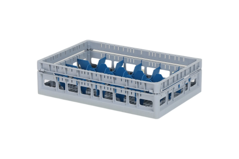 Clixrack Gläserkorb 600 x 400 mm grau - Glashöhe max. 115 mm - mit blauer 4 x 6 Facheinteilung - maximales Ø Glas 88 mm 