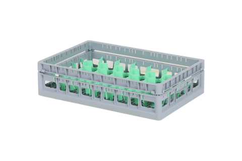 Clixrack Glass basket 600 x 400 mm gray - glass height max. 115 mm - with green 33-section compartment division - maximum Ø glass 77 mm 