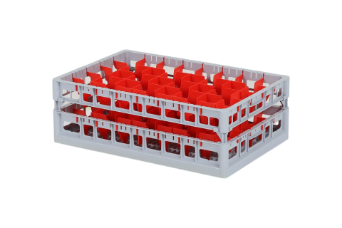 Clixrack Gläserkorb 600 x 400 mm grau - Glashöhe max. 155 mm - mit roter 5 x 8 Facheinteilung - maximales Ø Glas 66 mm 