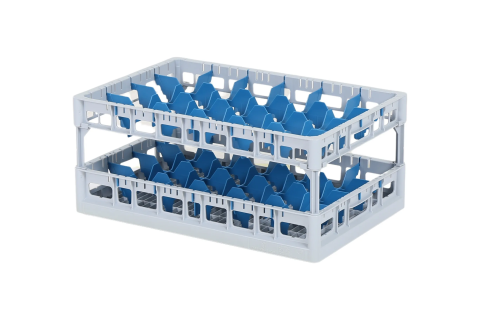 Clixrack Glass basket 600 x 400 mm gray - glass height max. 245 mm - with blue 4 x 6 compartment division - maximum Ø glass 88 mm 