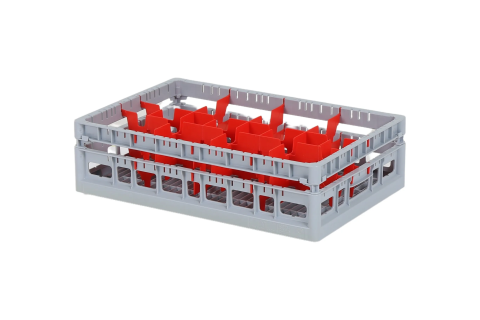 Clixrack Glass basket 600 x 400 mm gray - glass height max. 115 mm - with red 2 x 4 compartment division - maximum Ø glass 134mm 